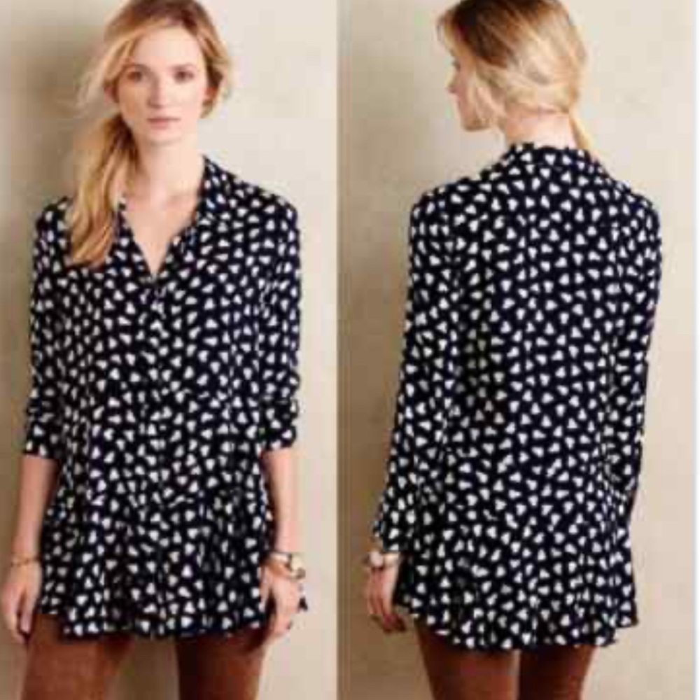 11.1.THYLO Anthropologie Blouse Small Blue White Hearts Button Front Tunic Top